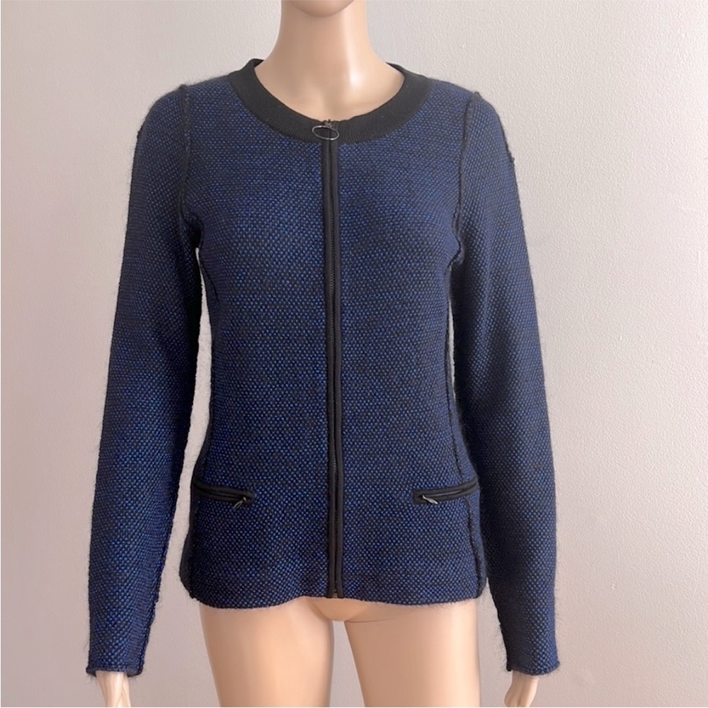 Akris Punto Zip Up Wool Cardigan Black Blue Knit Size 8